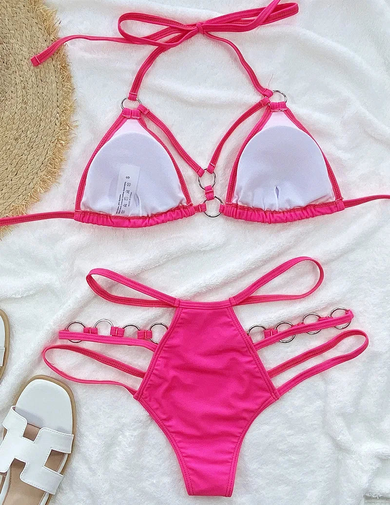 2025 Sexy Halter Strappy Metal Rings Bikini Women Swimwear Female Swimsuit Two-pieces Bikini set High Cut Bathing Suit Swim Lady