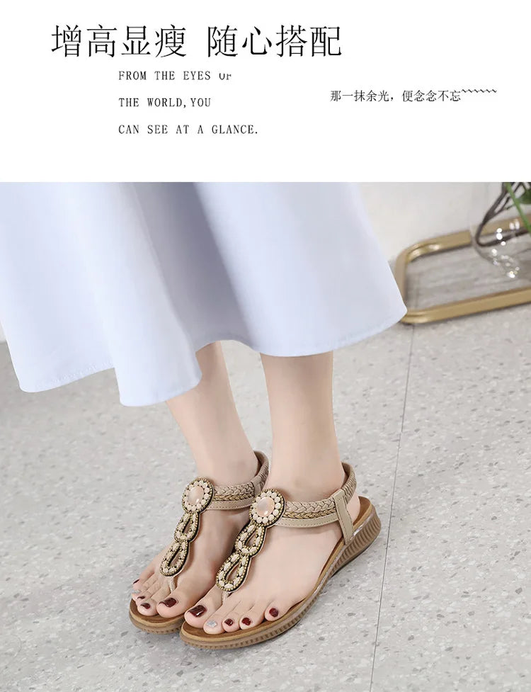 2026 New Shoes for Women Bohemia Crystal Sandals Women Shoes Rhinestone Lady Flip Flops Pearl Slip on Flat Beach Shoes