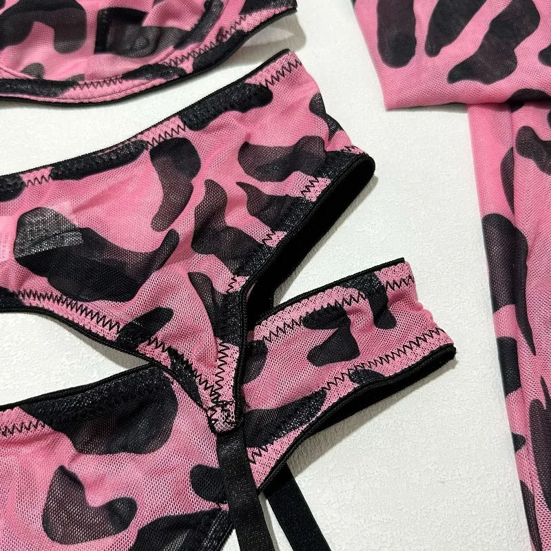 Toucheart Erotic Lingerie Leopard Print 5-piece Set with Gloves and Stockings Tie-dye Printed Sexy Hot Lingerie Suit for Women