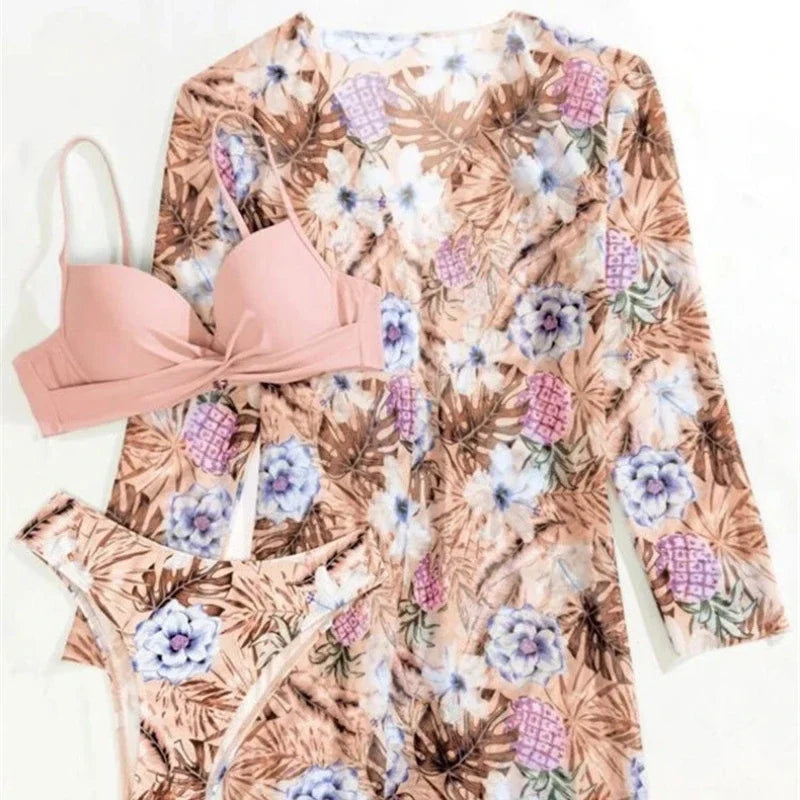 Boho Style Women's 3 Pieces Swimsuit Floral Bikini Set+Long Sleeve Cover-Up Swimwear Sexy Low Waist Tankinis Beachwear Holiday