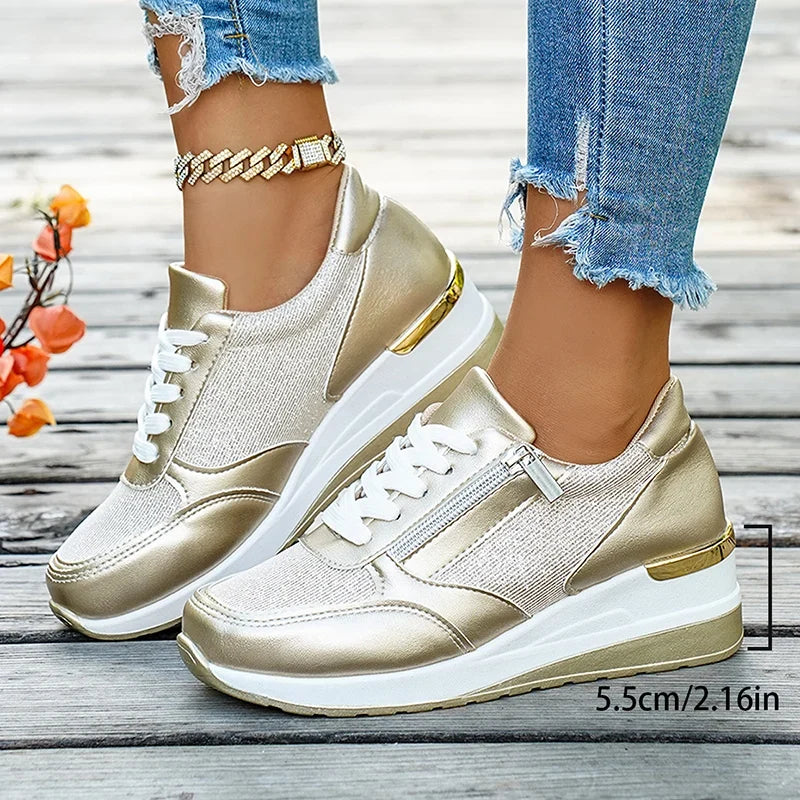 Plus Size 44 Wedges Sneakers Women Fashion Pink Gold Lace Up Platform Sports Shoes Woman Non Slip Thick Bottom Vulcanized Shoes