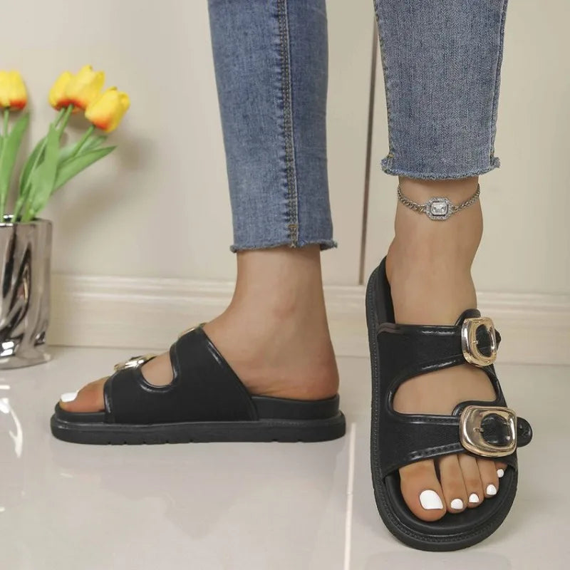 2026 Summer Classic Women's Sandals British Style Roman Shoes Soft Leather Slippers Metal Buckle Platform Slippers Women's Shoes