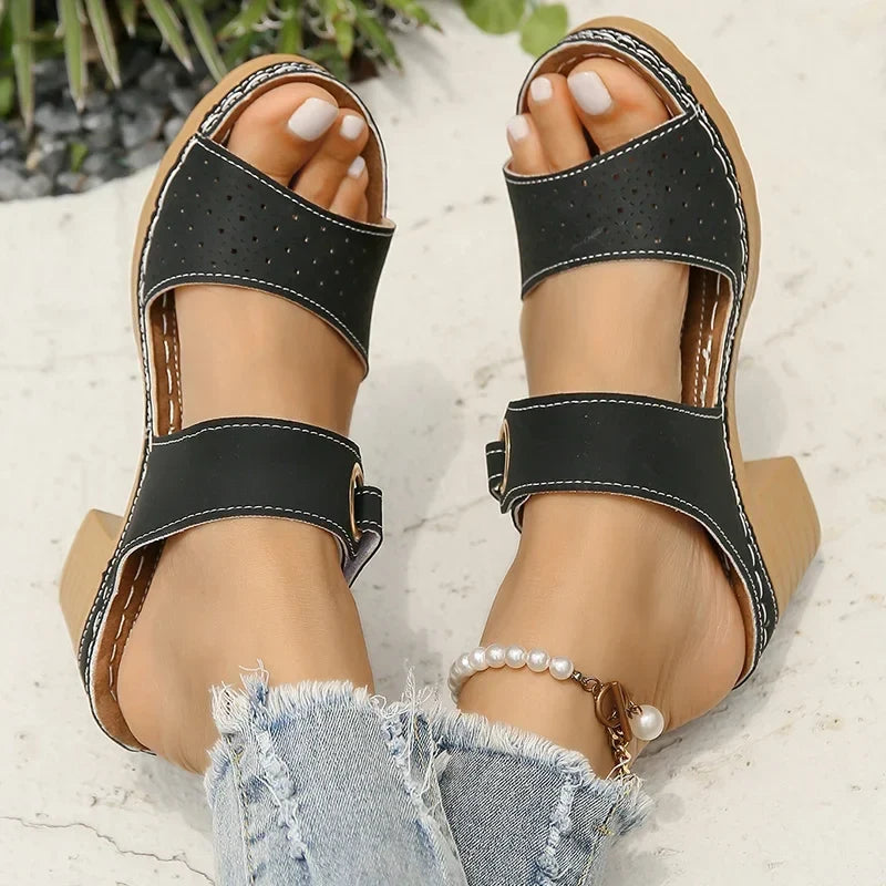 Hook Loop Thick High Heel Sandals Women Hollow Out Summer Beach Sandles Woman Plus Size Anti-Slip Platform Sandalias De Mujer