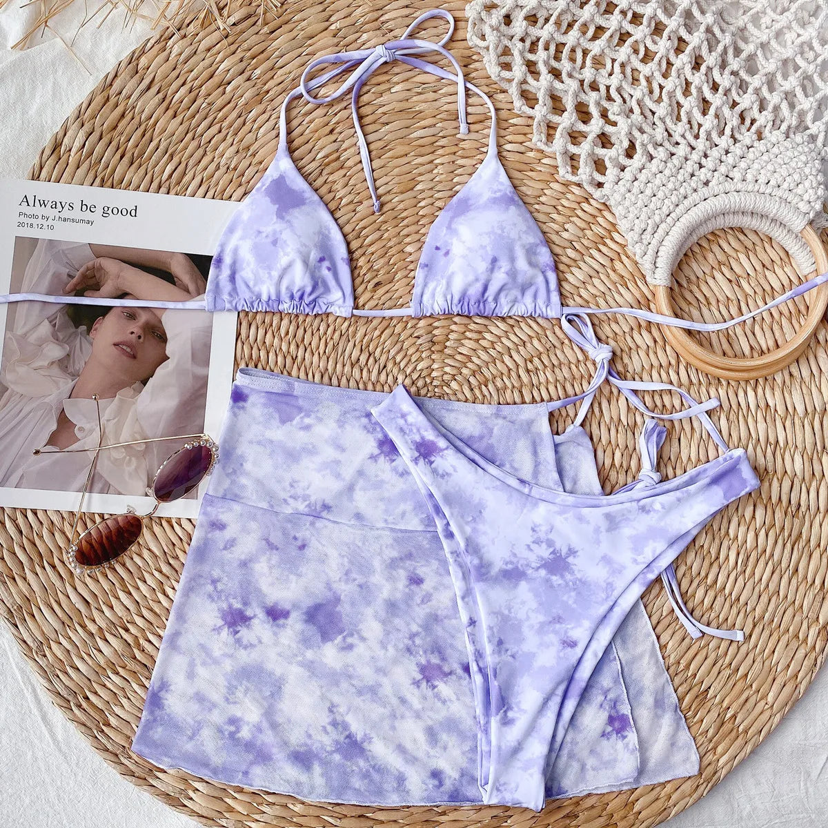 4 Colors Sexy Bikini Set 3-Piece Swimwear Swimsuit Women Halter Print Bikinis Set Bathing Suit Beach Bikini Trajes De Bano Mujer