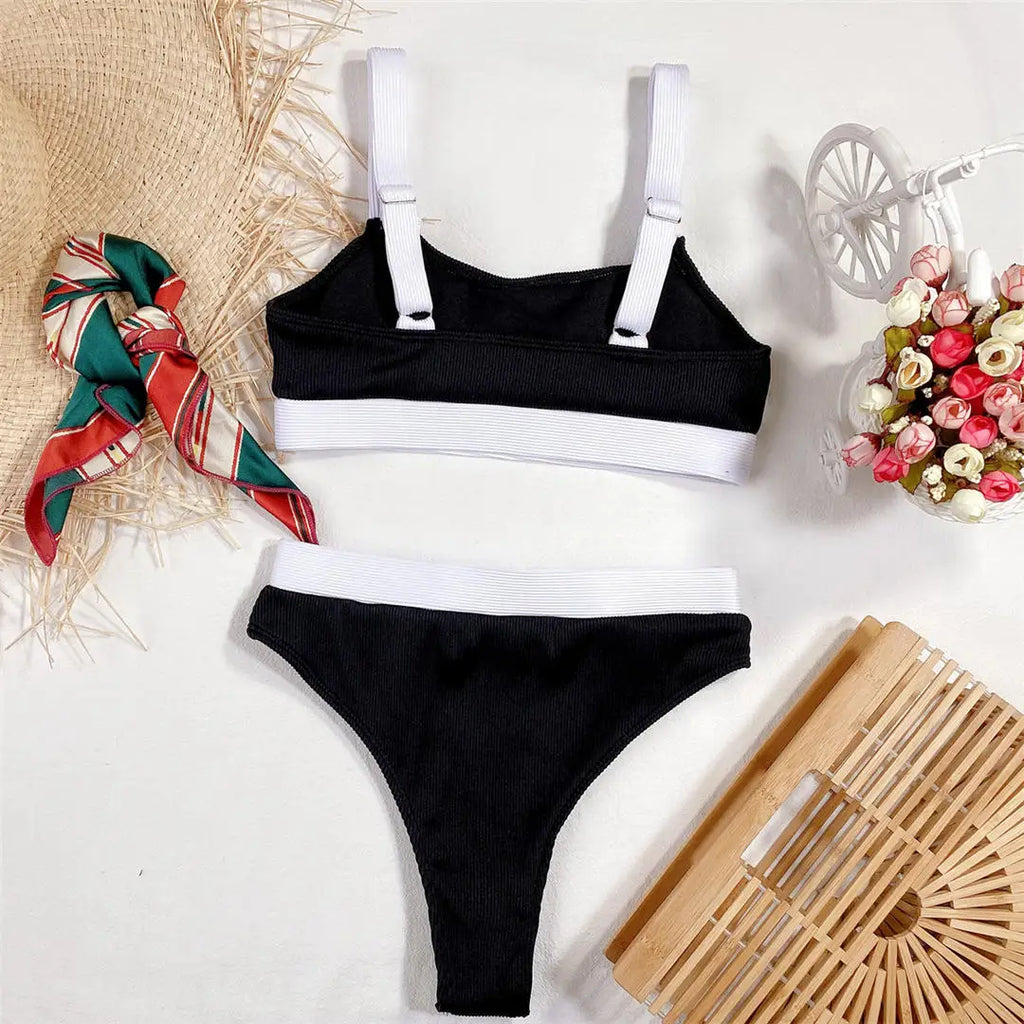 New Sexy Ribbed Splicing Female Swimsuit High Waist Bikini Women Swimwear Two-pieces Bikini Set Bather Bathing Suit Swim V2329