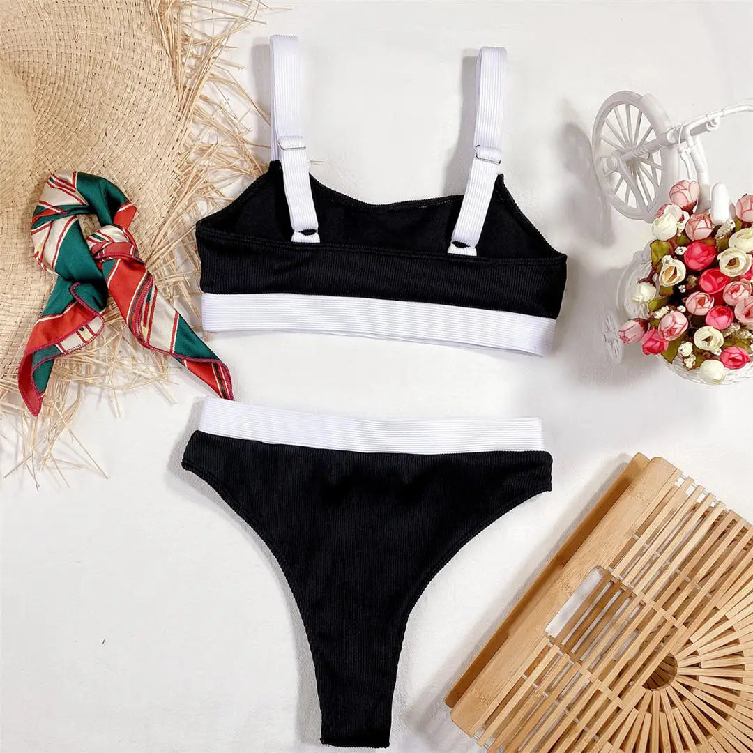 New Sexy Ribbed Splicing Female Swimsuit High Waist Bikini Women Swimwear Two-pieces Bikini Set Bather Bathing Suit Swim V2329