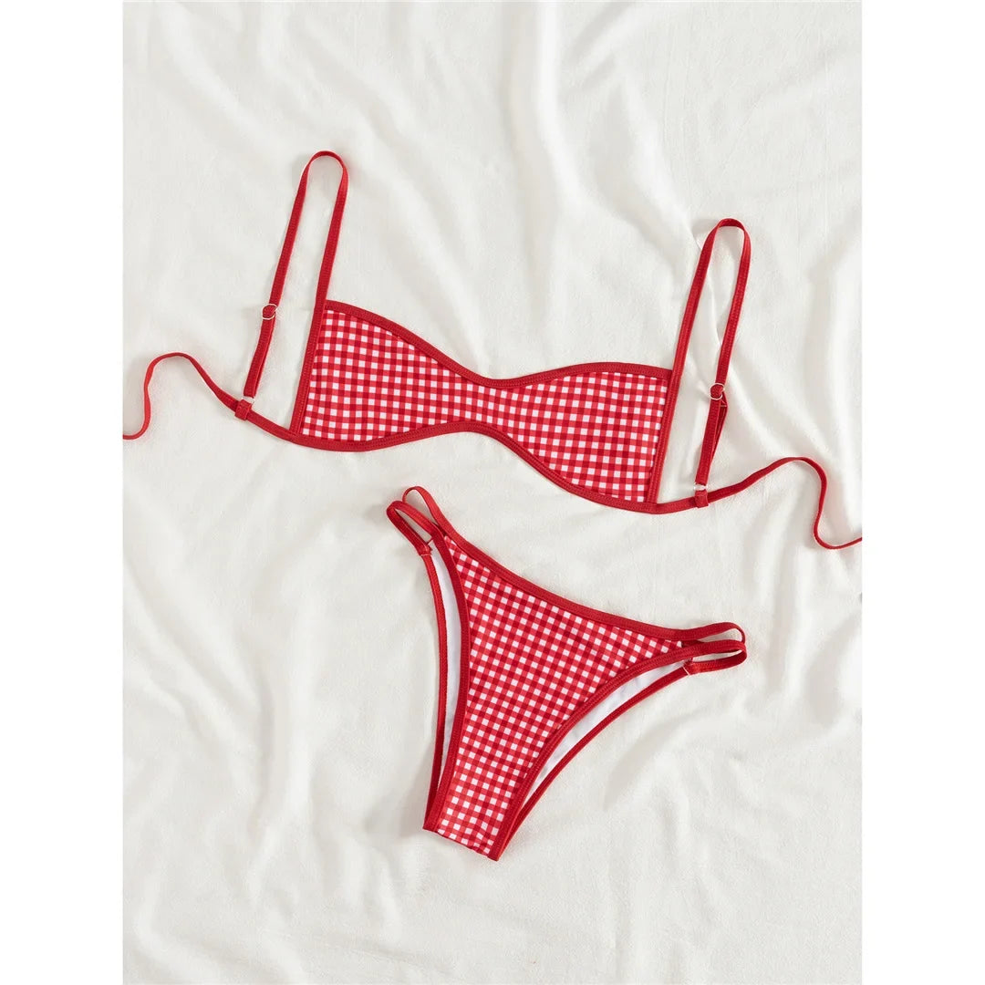 XS - L 2026 Printed Polka Dot Bikini Female Swimsuit Women Swimwear Two-pieces Bikini Set Plaid Bather Bathing Suit Swim V8039
