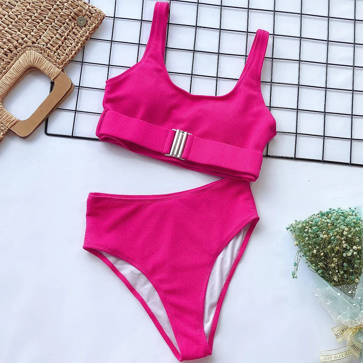4 Colors Bikini Women Solid High Waist Swimwear Swimsuit Buckle Design Female Beach Bikinis Set Bathing Suit Bikini Taille Haute