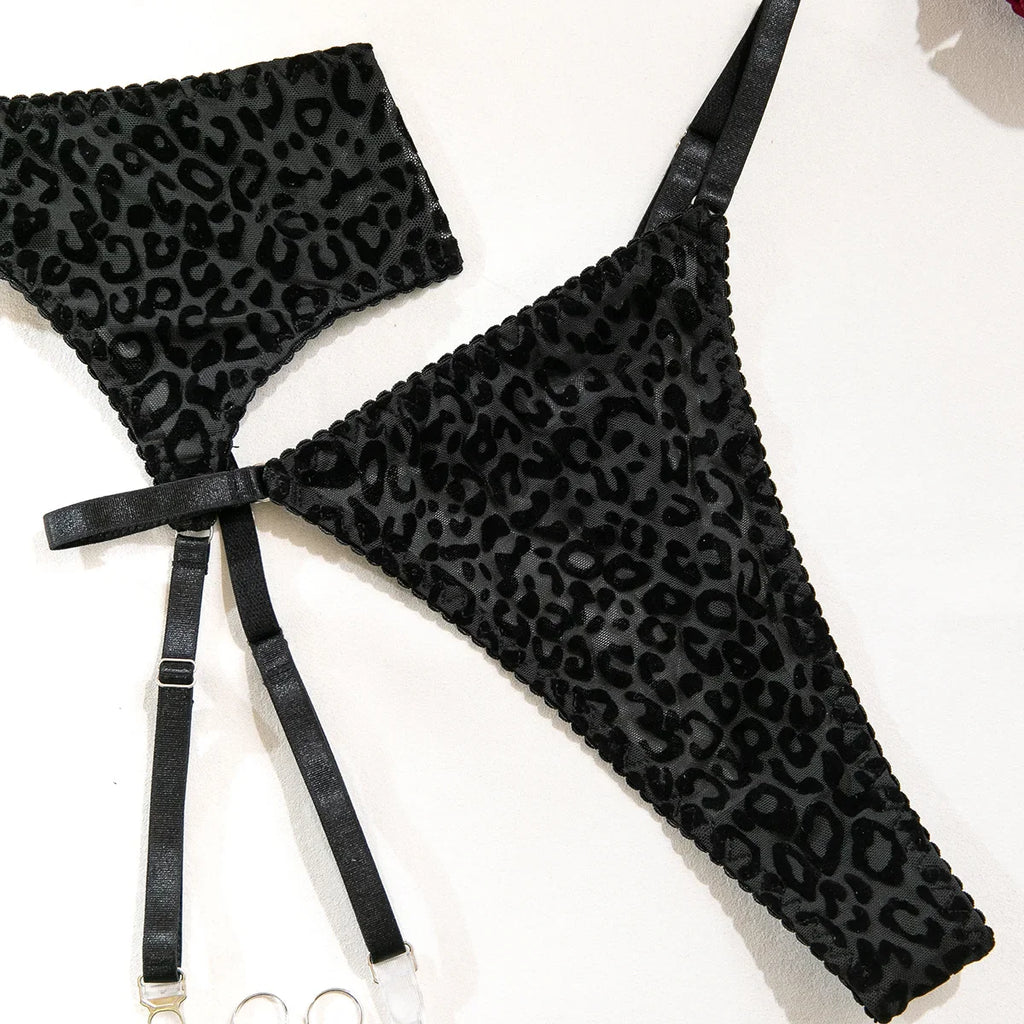 Toucheart 5-Piece Suit Sexy Underwear Suit Flocked Leopard Print Fashionable Hollow Sexy Lingerie Women Perspective Underwear