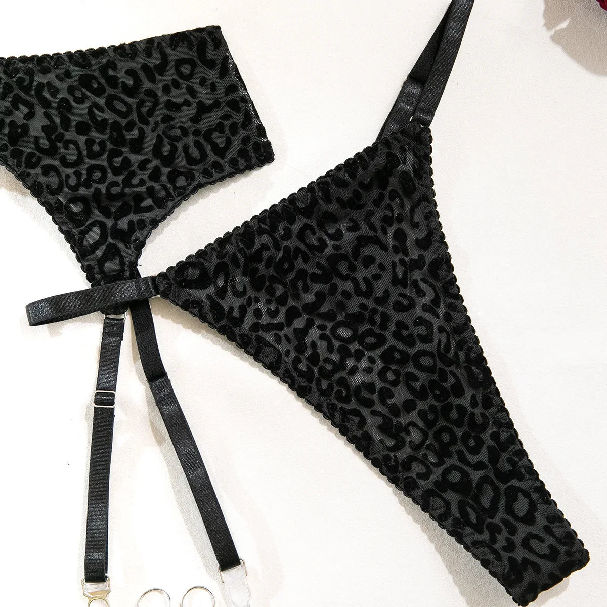 Toucheart 5-Piece Suit Sexy Underwear Suit Flocked Leopard Print Fashionable Hollow Sexy Lingerie Women Perspective Underwear