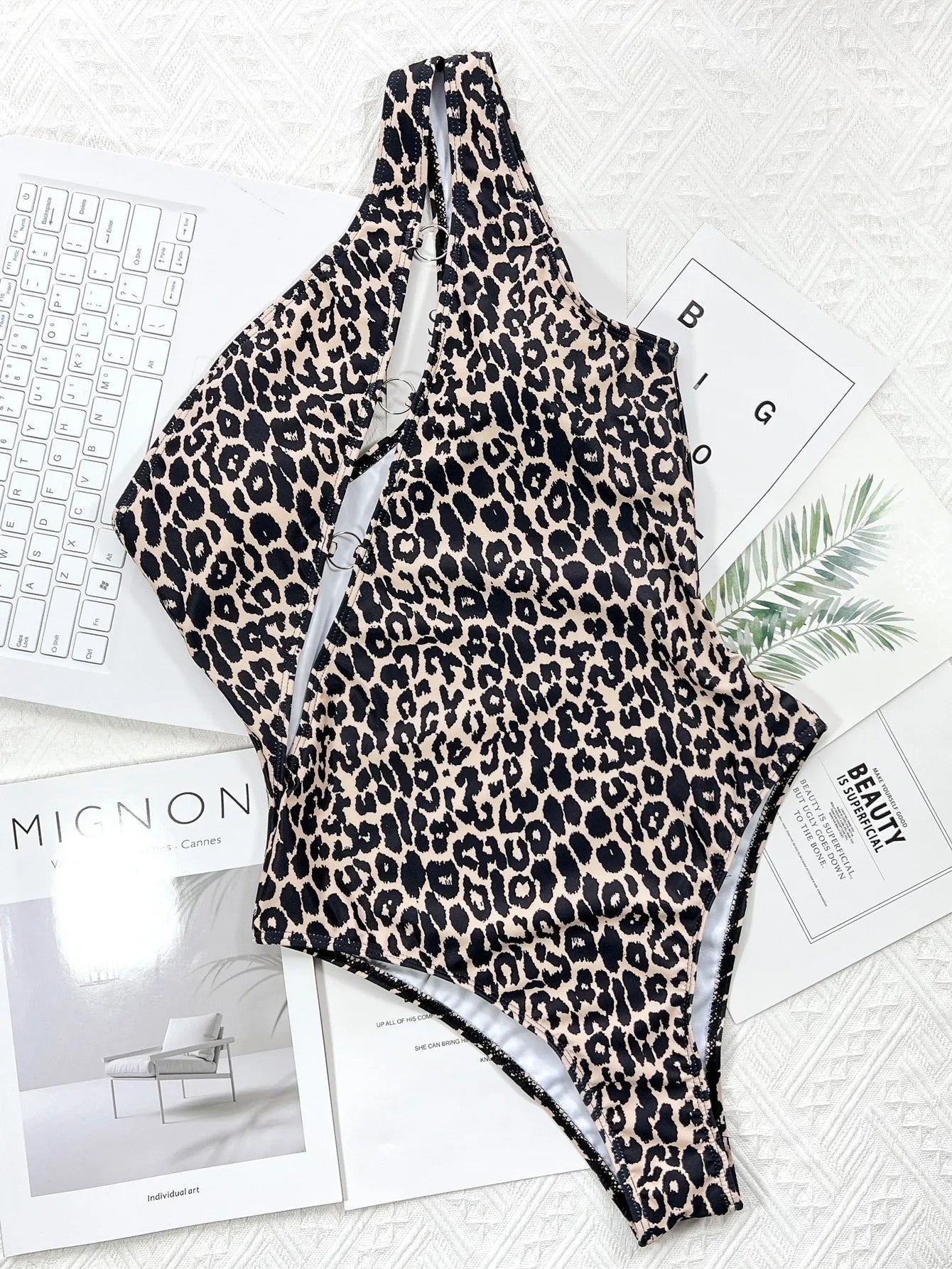 2026 New Sexy One Piece Swimsuit Swimwear Women Leopard Hollow Single Shoulder One-piece Bathing Suit Beachwear Metal Ring Decor