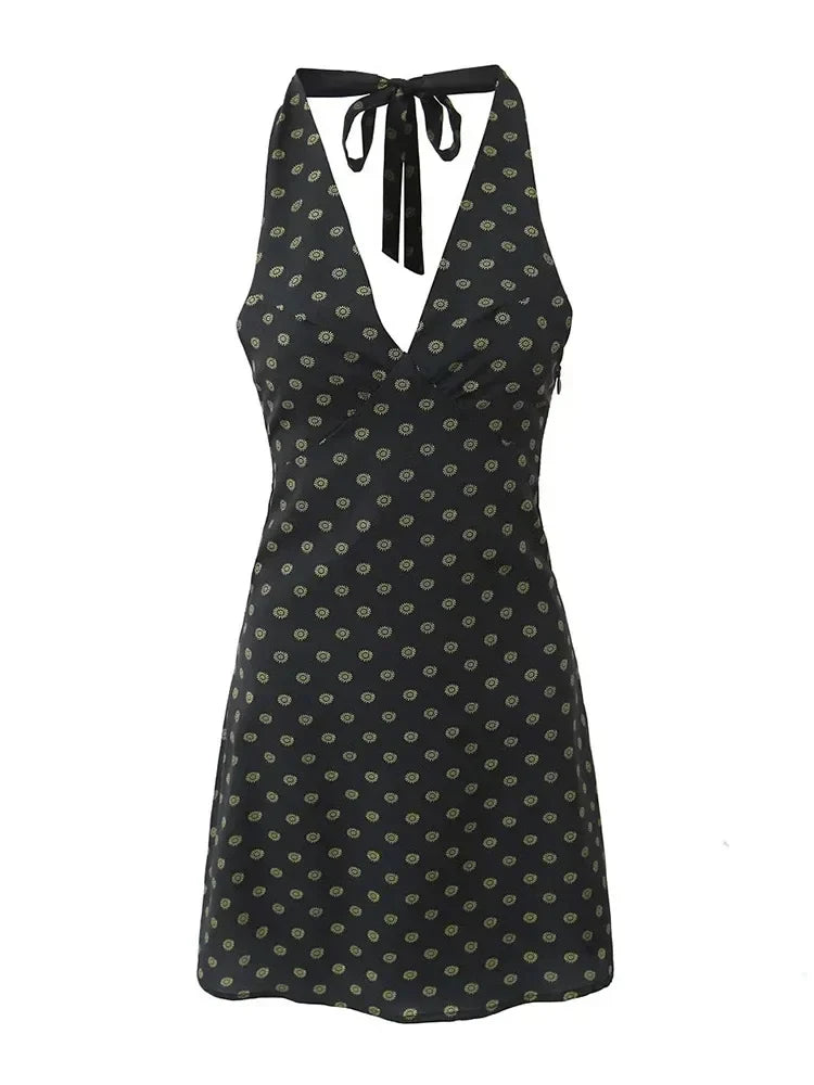 V Neck French Style Summer Women Dress Printed Boho Short Black Beach Dress Party Vintage Backless Tie Up Sexy Halter Dress 2025