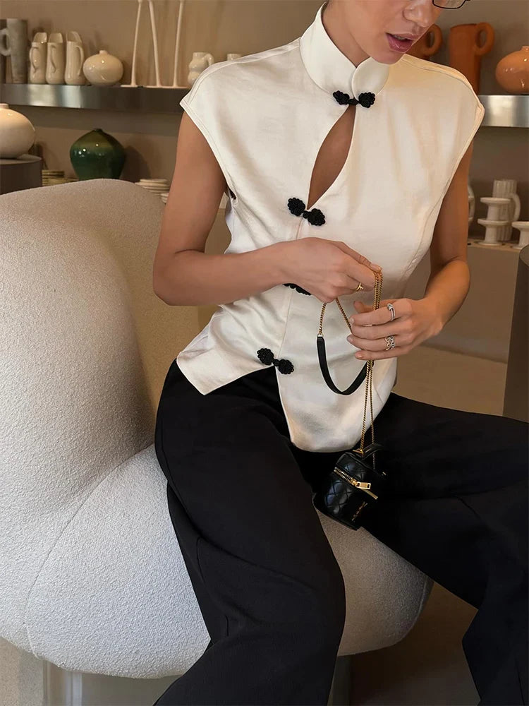 Fashion Women Short Sleeve Tops Tees Button Hollow Out Solid Slim Sheath Elegant Office Top Casual Cheongsam Inspired T-Shirt