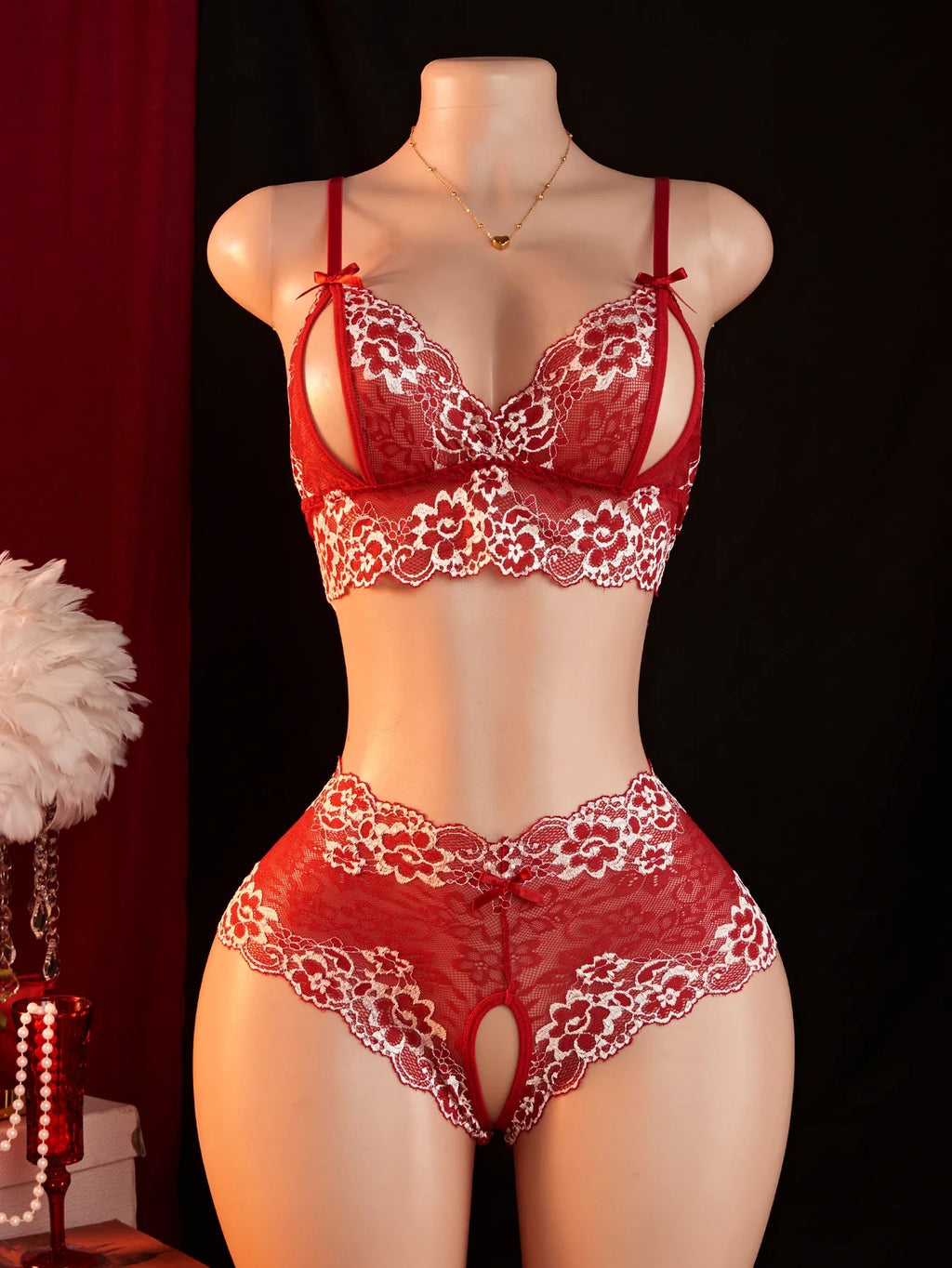Contrast Color Lace Sexy Lingerie, Semi Transparent Open Chest Bra & Crotchless Pantt Sets, Perfect For Romantic Scenes Outfits