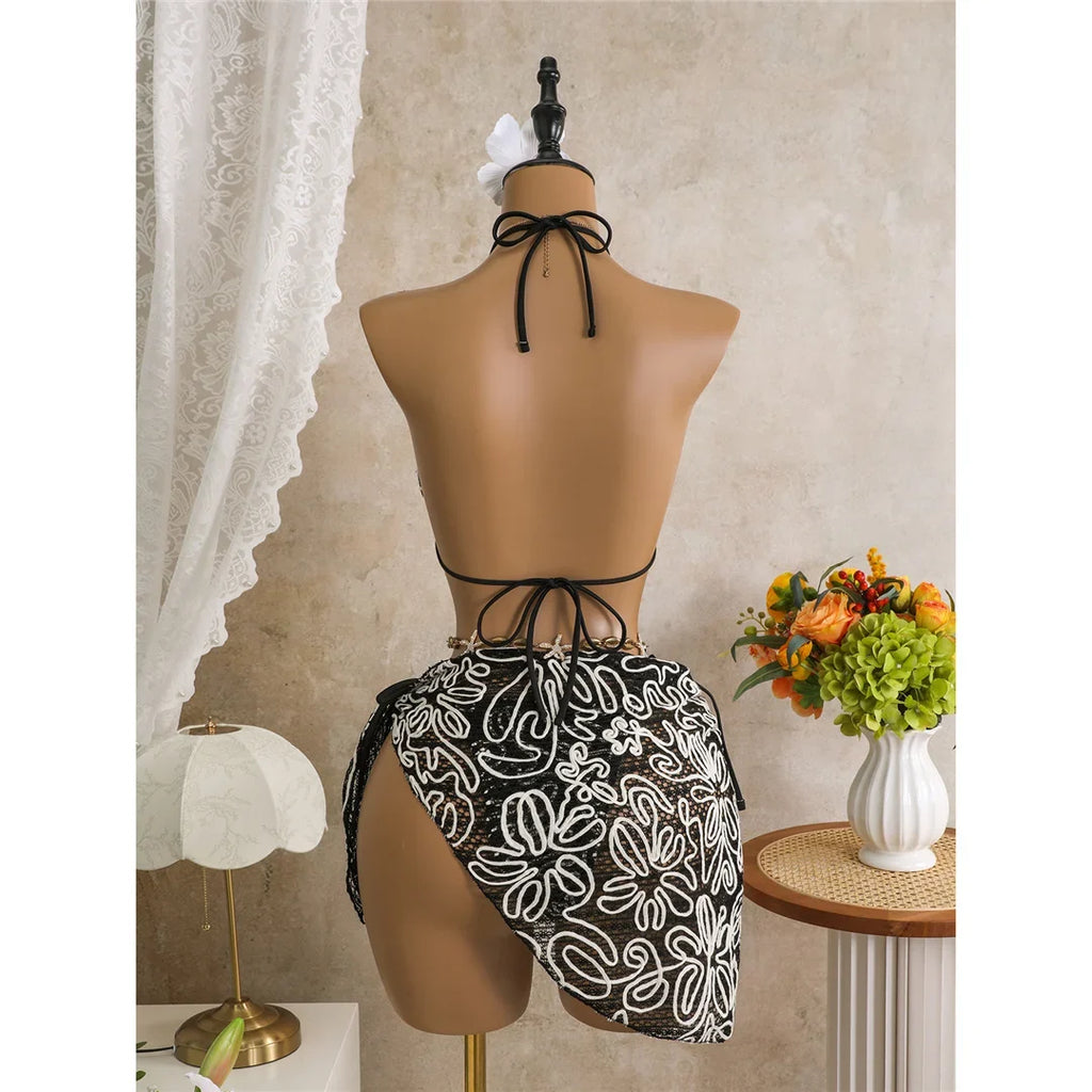 With Sarong Halter Printed Bikini Women Swimwear Female Swimsuit Padded Bather Bathing Suit Swim Three-pieces Bikini set K8073