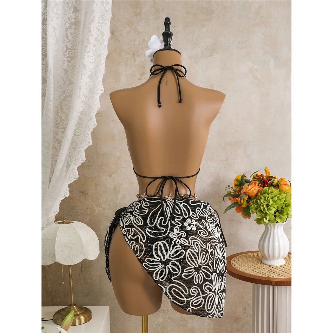 With Sarong Halter Printed Bikini Women Swimwear Female Swimsuit Padded Bather Bathing Suit Swim Three-pieces Bikini set K8073