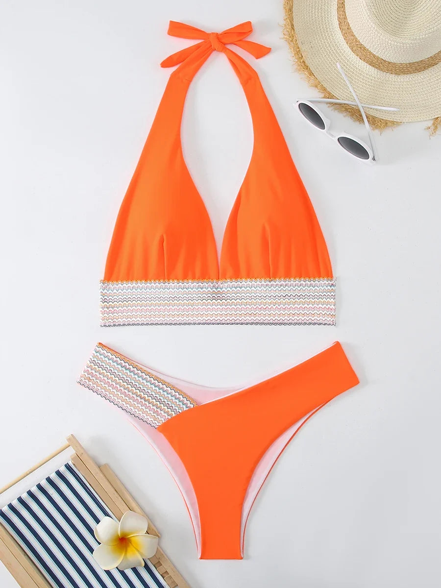 Halter Bikini 2025 Solid Bandage Swimsuit Women Padded High Cut Swimwear Female Bathers Bathing Swimming Swim Suit Beachwear