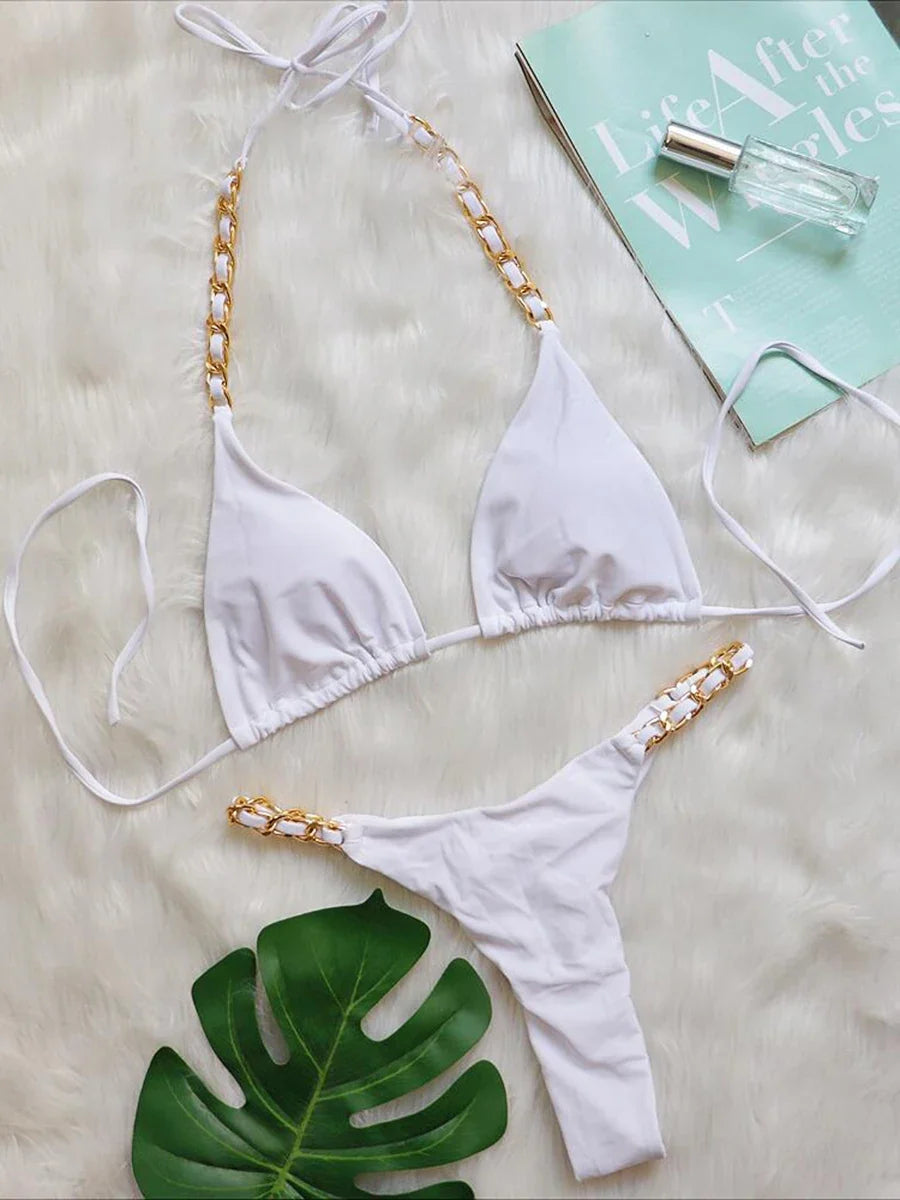 Halter Metal Chains String Micro Thong Bikini Women Swimsuit Female Swimwear Two-pieces Bikini Set Brazilian Bathing Suit Swim