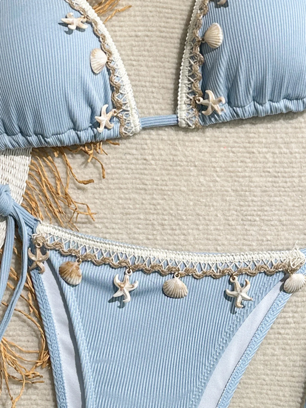 Shell Decoration Halter String Strappy Bikini Women Swimwear Female Swimsuit Two-pieces Bikini Set Ribbed Bathing Suit Swim Lady