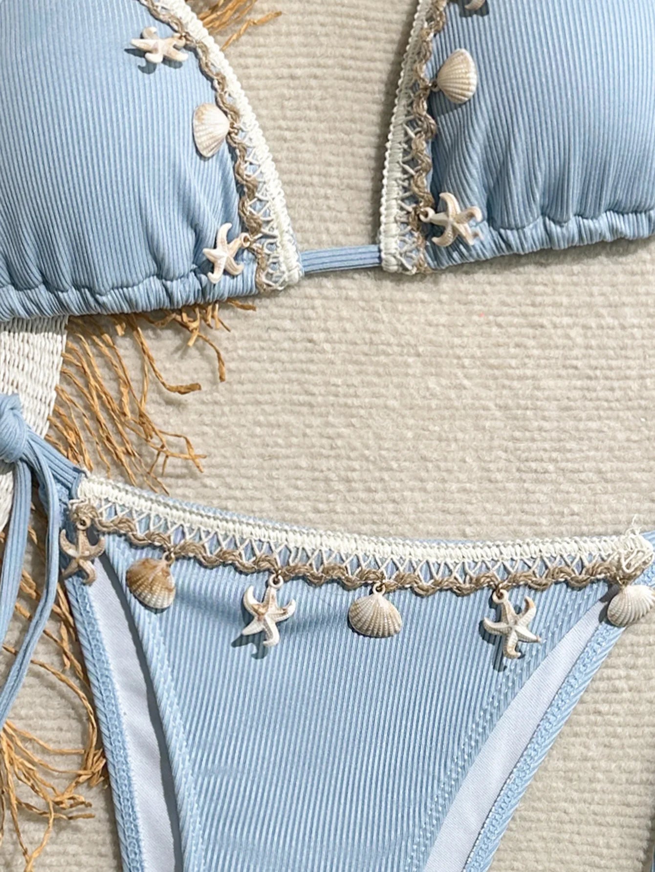 Shell Decoration Halter String Strappy Bikini Women Swimwear Female Swimsuit Two-pieces Bikini Set Ribbed Bathing Suit Swim Lady