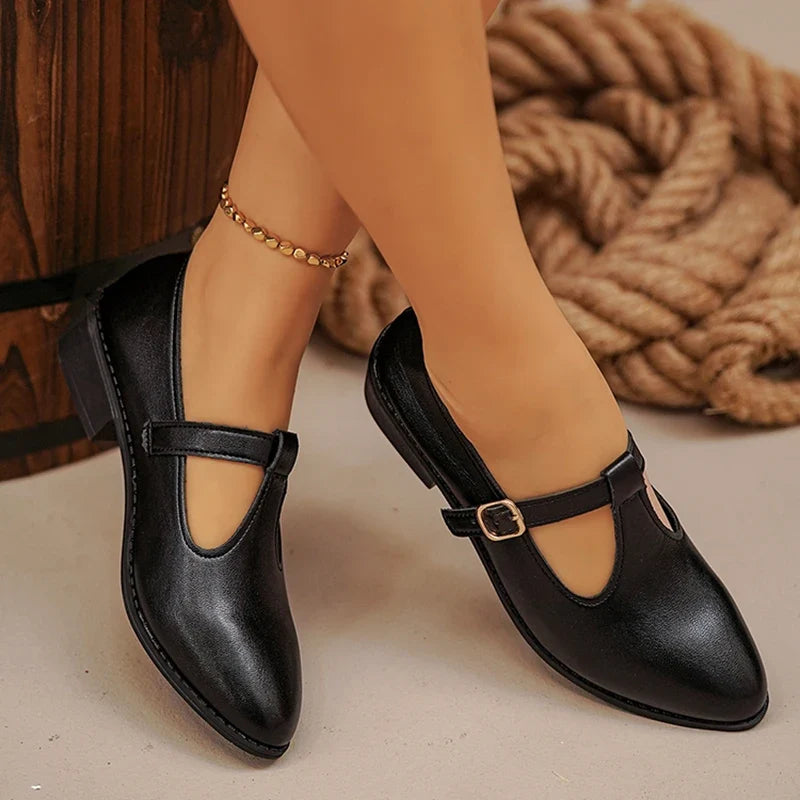 Fashion T Strap Pointed Toe Oxford Shoes Women Ankle Buckle Low Heel Pu Leather Shoes Woman Plus Size 43 Thick Sole Office Shoes