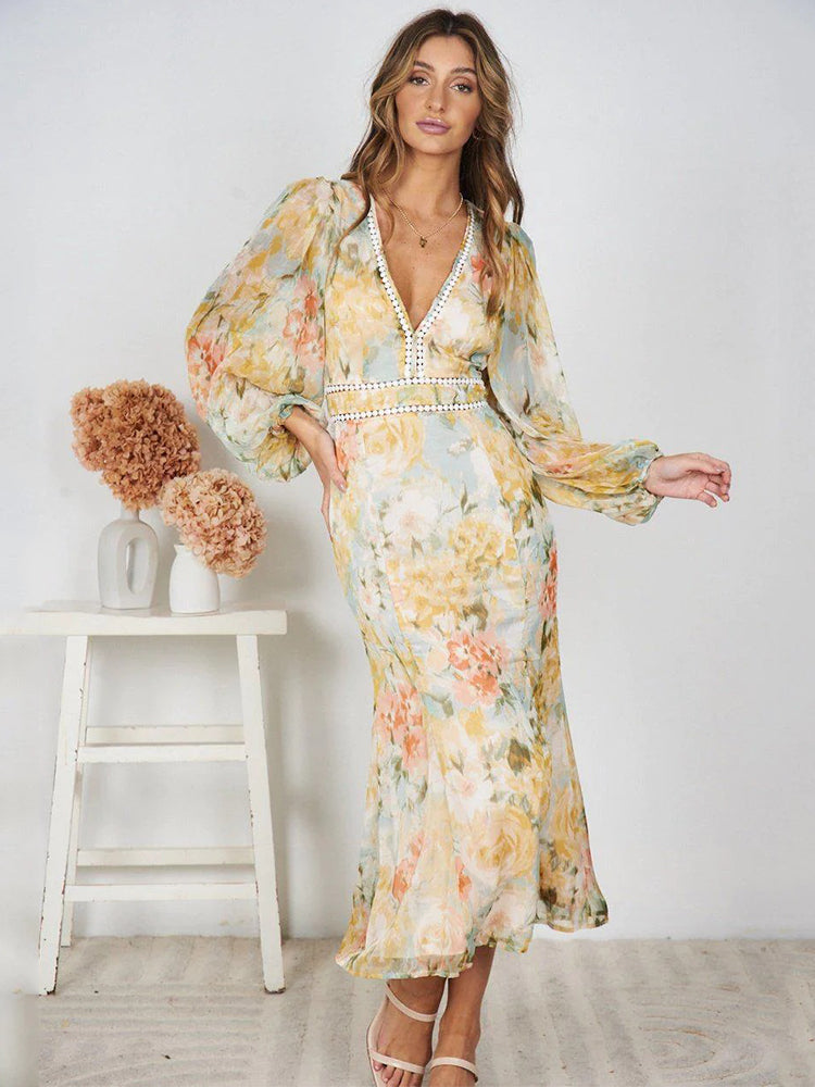 Foridol Hollow Out Lantern Sleeve Spring Women's Dress Printed Floral Midi Summer Dress 2025 V Neck Boho Yellow Sundress Party
