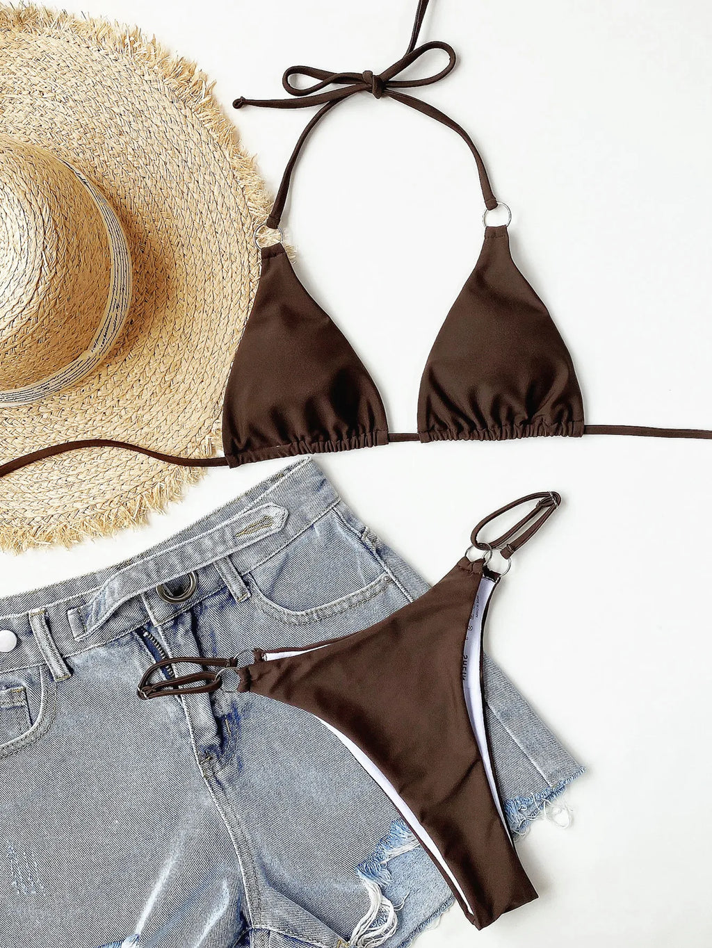 Women Solid Halter Bikini Sets Two Pieces Swimsuit Wine Red and Brown Swimwear 2024 Micro Bikini Biquini Conjunto De Bikini