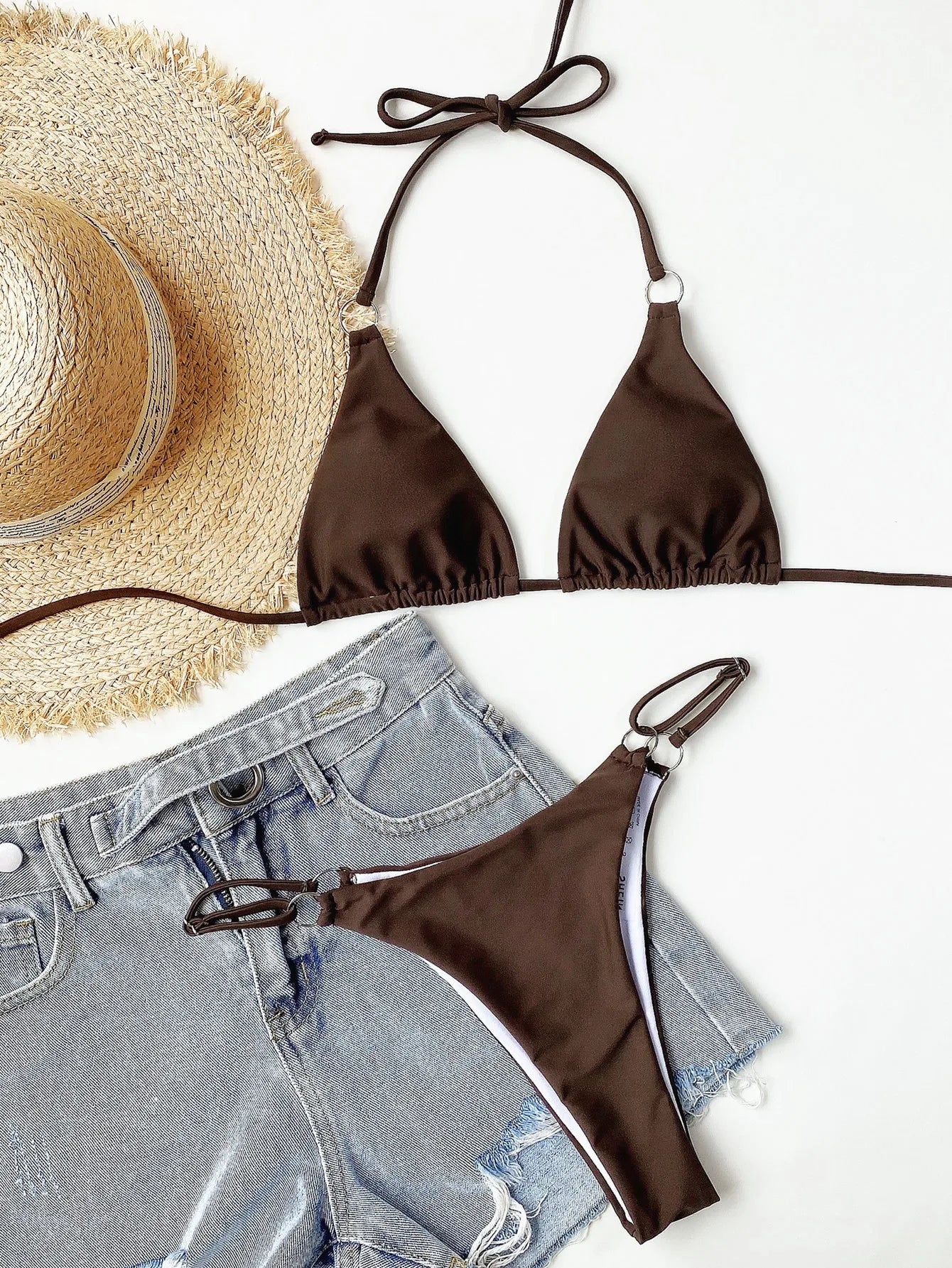 Women Solid Halter Bikini Sets Two Pieces Swimsuit Wine Red and Brown Swimwear 2024 Micro Bikini Biquini Conjunto De Bikini