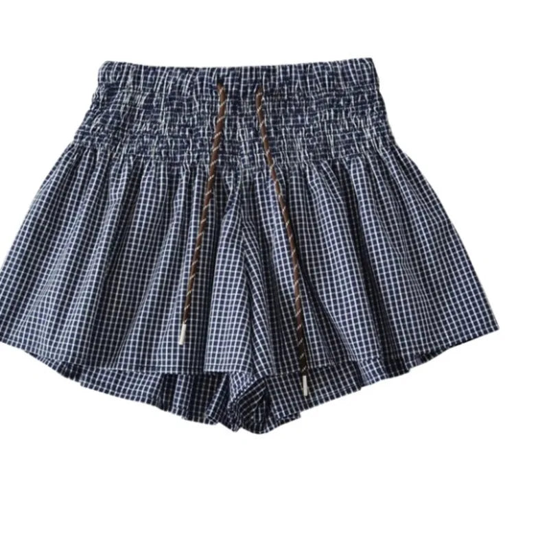 Korean Women's Casual Shorts With Elastic Waist And Drawstring Pleated Plaid A-line Wide-leg Hot Pants For Trendy Girls EHL7