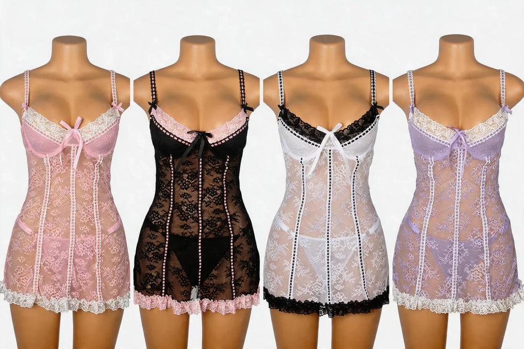 Pink Sexy Lace Ruffled Suspender Nightdress for Women Babydoll Lingerie Push Up Chemise Sleepwear
