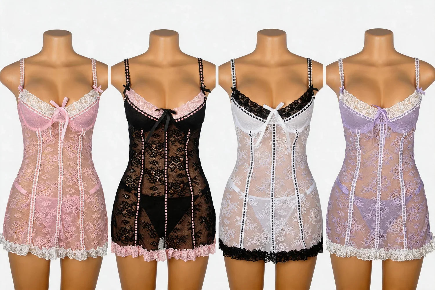 Pink Sexy Lace Ruffled Suspender Nightdress for Women Babydoll Lingerie Push Up Chemise Sleepwear