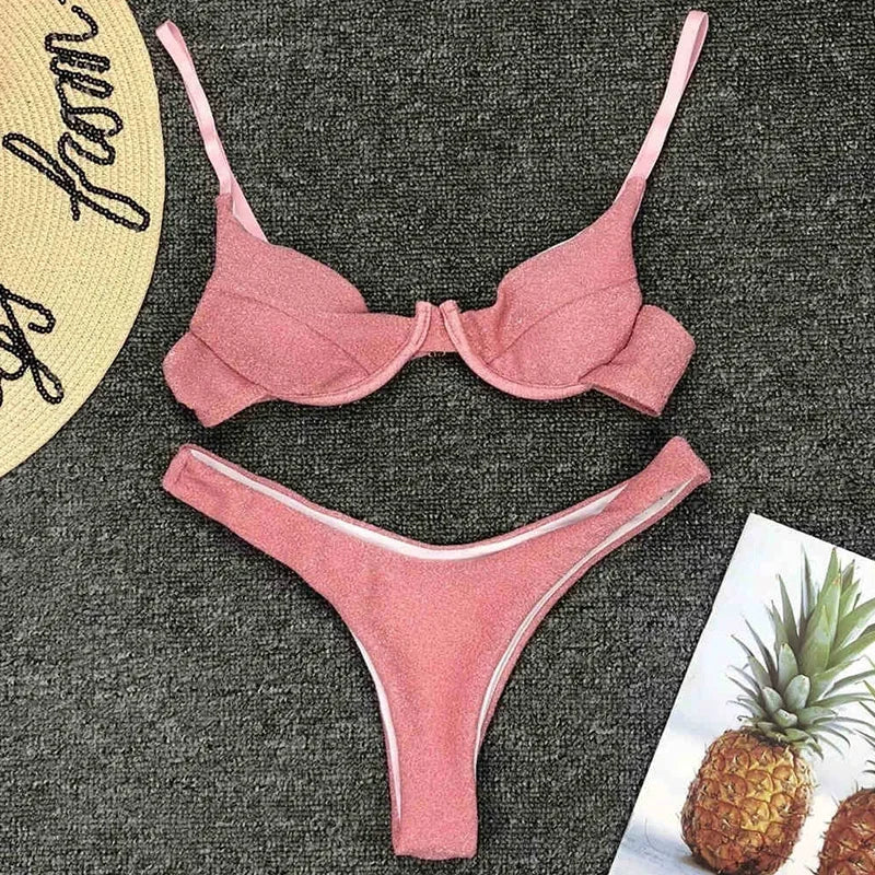 Glitter Shiny Underwired V-Bar Bikini Women Swimsuit Female Brazilian Swimwear Two-piece Bikini Set Triangle Bathing Suit Swim