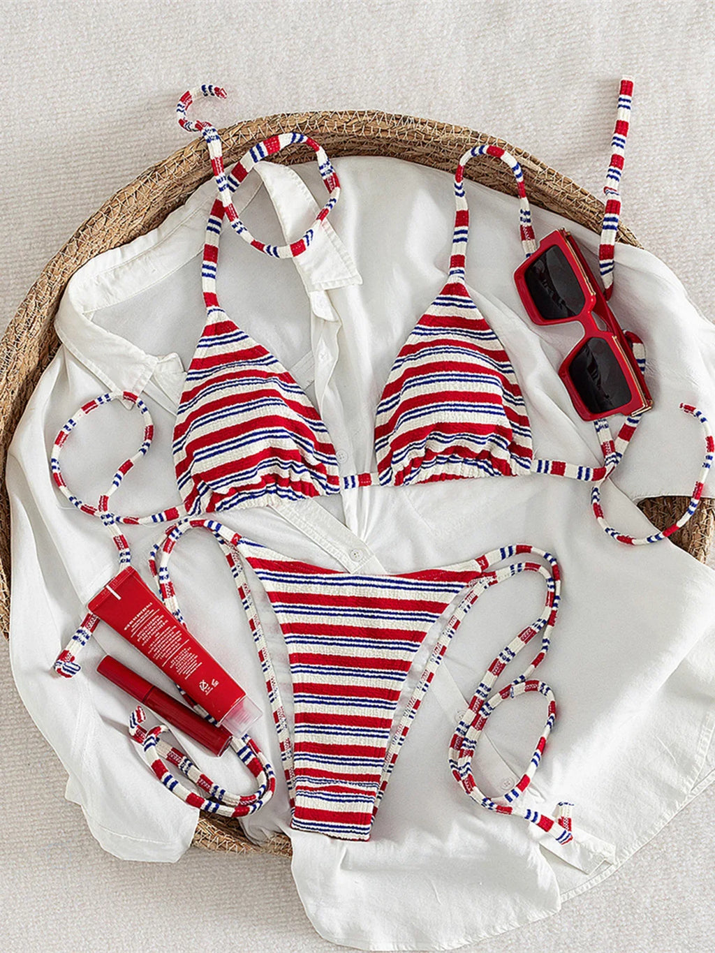 S - XL Striped Halter Bikini Women Swimwear Female Swimsuit High Cut Leg Bather Bathing Suit Swim Two-pieces Bikini set K8043