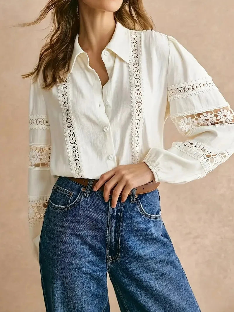 2026 New Elegant Lace Patchwork Long Sleeve Blouse Women Hollow Out Lace Trim Office Lady Commute Casual Shirt Top