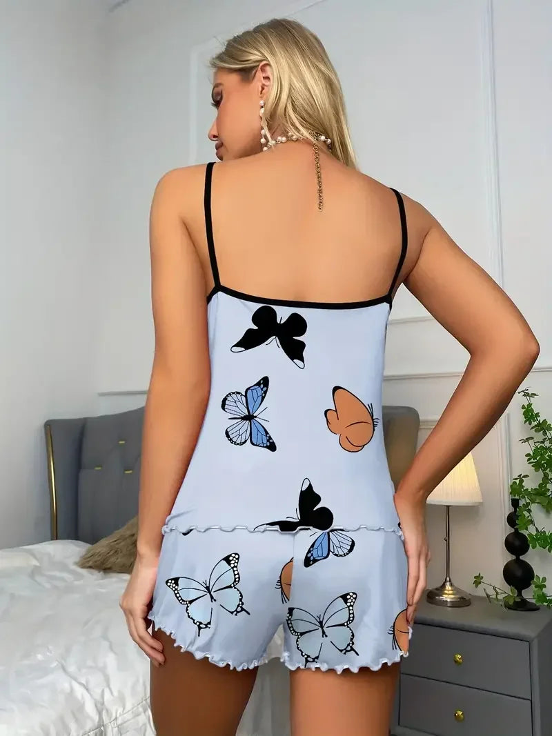 Summer Sleepwear Women Butterfly Print Pajamas Set Lettuce Trim Cami Top and Elastic Waistband Shorts Set Loungewear