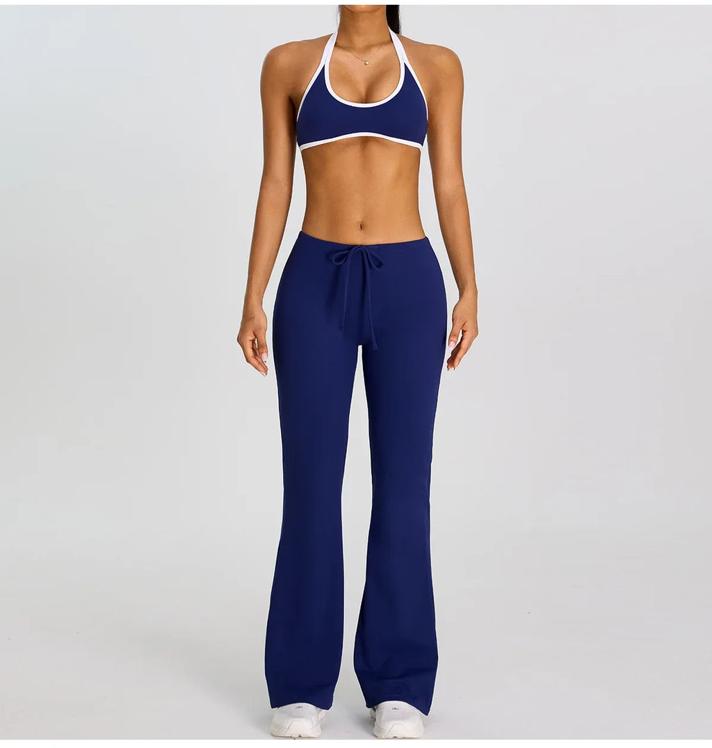Breathable Yoga Suit for Women Color Contrast Shockproof Sports Bra Drawstring High Waist Pants Gym Running Fitness Suits