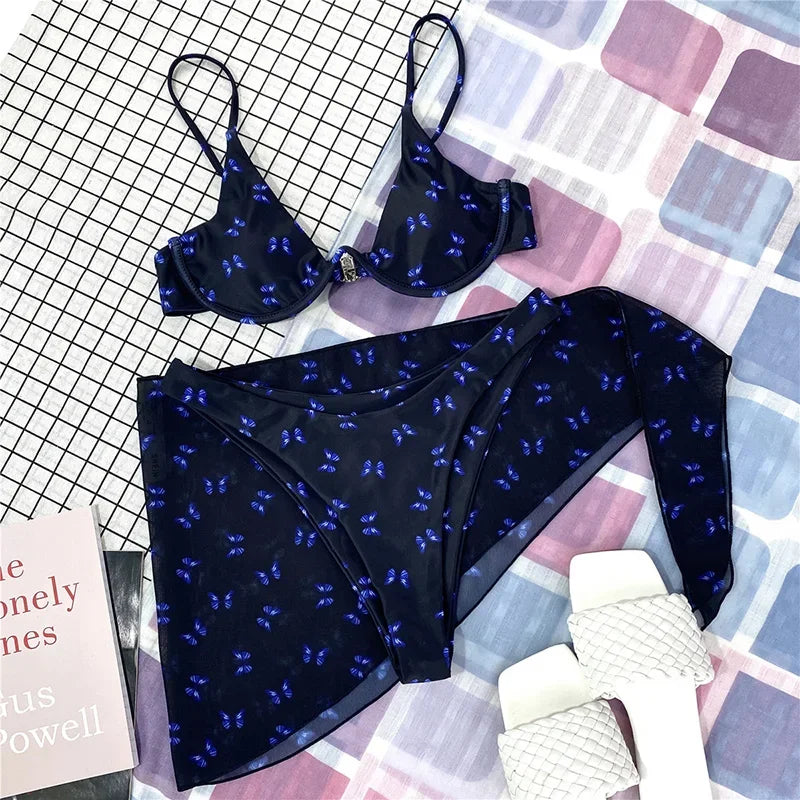 Butterfly Print Underwired V-Bar Bikini Women Swimsuit Female Swimwear Three-pieces Bikini Set Push Up Bathing Suit Beach Sarong