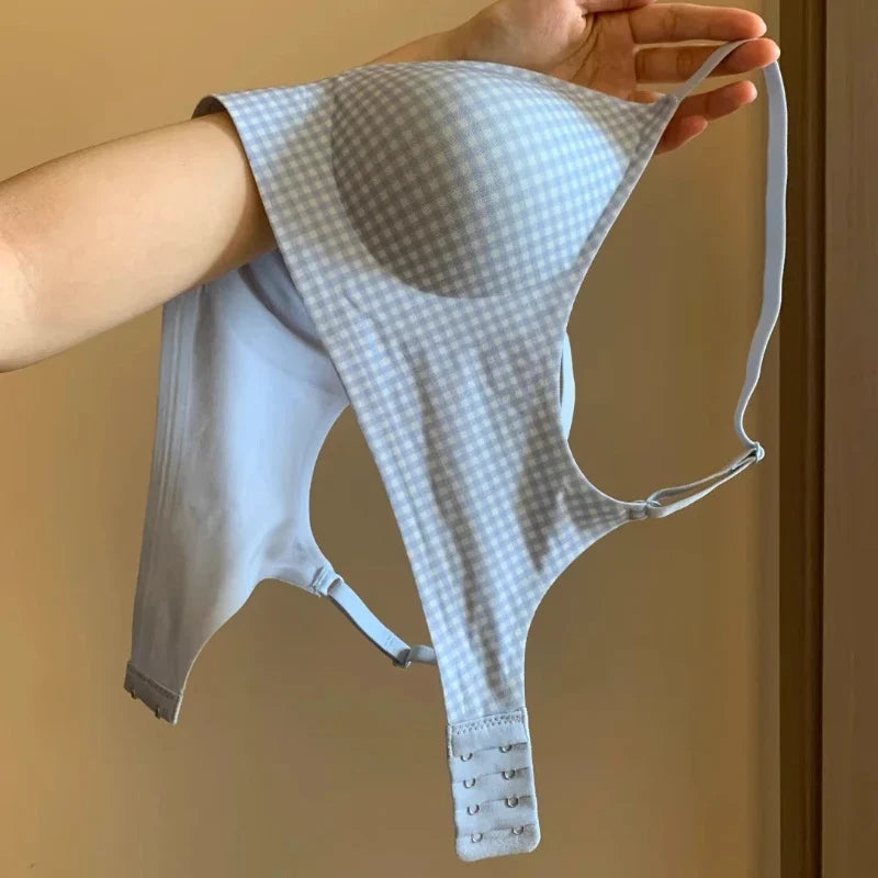 Sexy Kawaii Checkered Bralette Small Bust Lift Japanese Style Anti-Sagging Wirefree Pure Cotton Set Breathable Comfort Bra S-XL