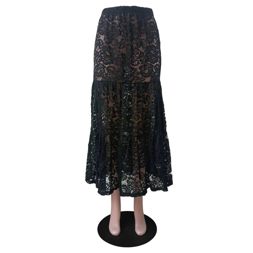 Mesh Sheer Lace Skirts Women High Waist Street Fashion Loose Hollow Out Long Skirt Party Sexy Patchwork Clubwear 2026 50JZ