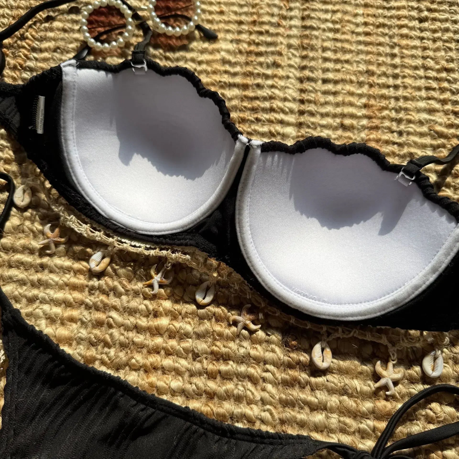 Sexy Ribbed Push Up Shell Pattern Bikinis Sets Two Pieces Plain Swimsuits Back Tie Swimwear Biquini Conjunto De Bikini Tankini