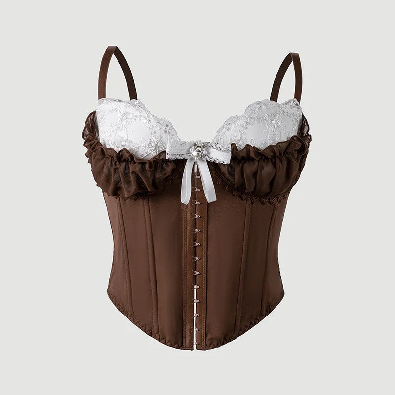 Sexy Top Mesh Lace Patchwork Cotton Hot Girl Fishbone Strap High-end Wear Top For Women Bowknot Pure Desire Vest Charming PWGG