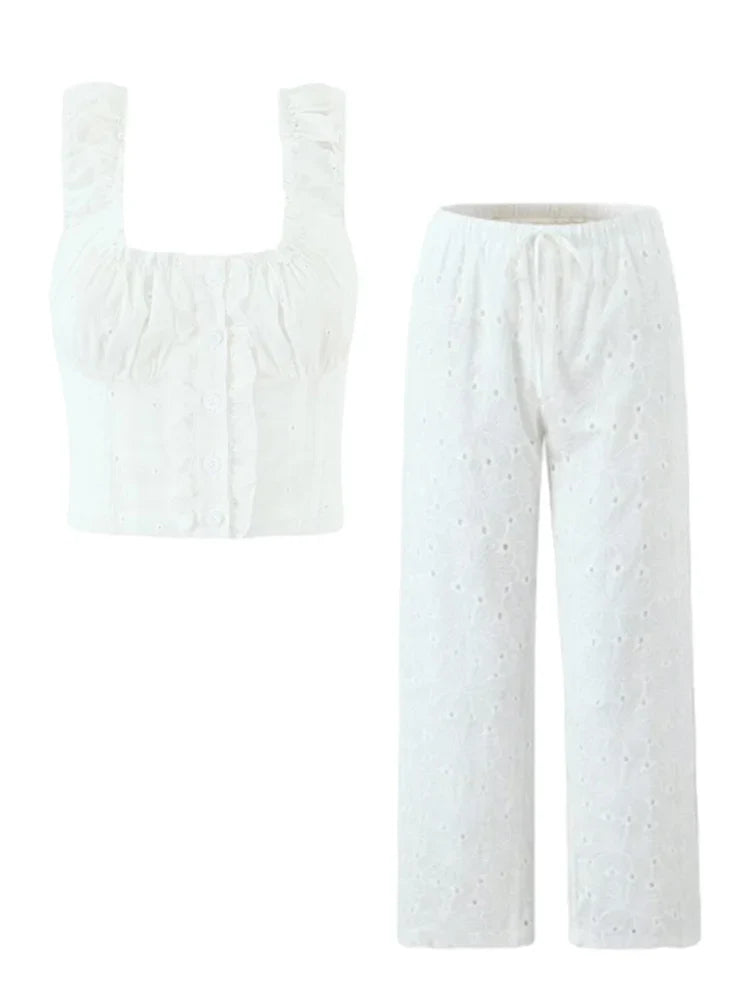 Foridol Hollow Out Cotton Women's 2 Pieces Set White Summer Pants Set Embroidery Top Pants Suit Matching Set Beach Casual Pants
