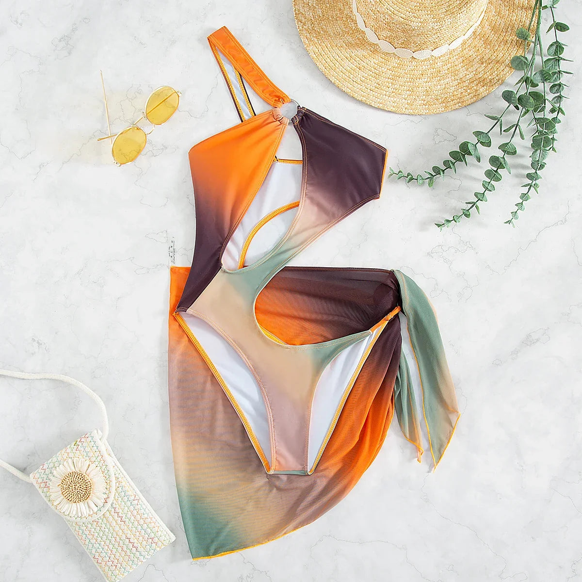 Sexy Orange Tie Dye Gradient One Piece Swimsuit 2025 Women One Shoulder Hollow Out Skirt Swimwear Bathing Suit Thong Monokini