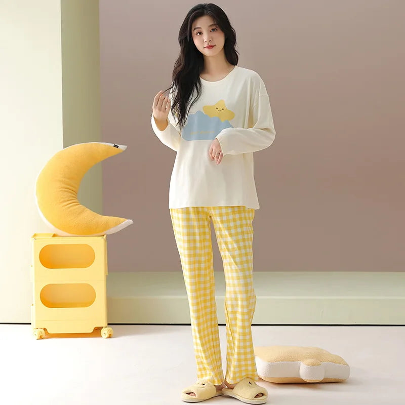 Pure cotton pajamas for women, long-sleeved trousers, can be worn outside, pure cotton home clothes, Class A antibacterial 100%