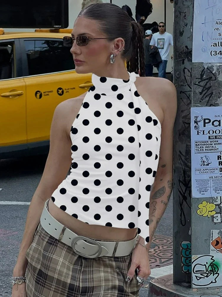 FDYOUI Elegant Bandage Off Shoulder Polka Dot Tank Tops for Women 2026 Summer Sleeveless Crop Top T-shirt Female Slim Corset