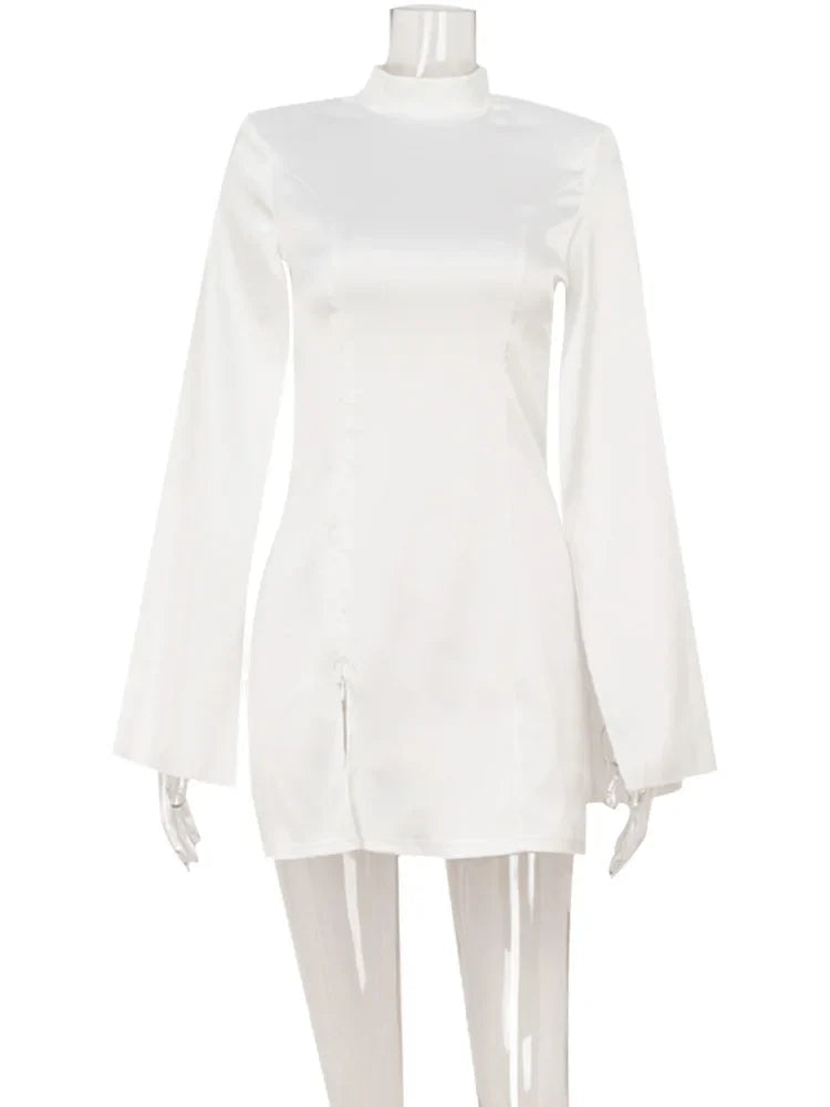 Ahagaga Eelgant Mini Dresses For Women Solid Long Flare Sleeves Turtleneck Sheath Satin Fashion Split Party Slim Fit Female Robe