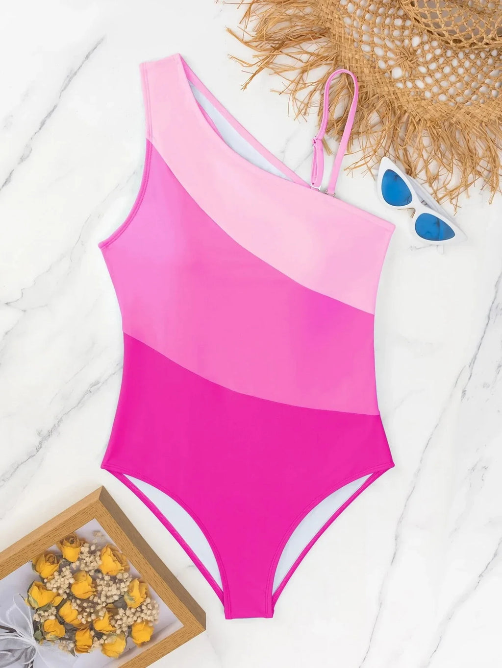 2026 Colorblock Cut Out One Shoulder Swimsuit One Piece Swimwear Women Sexy Bather Bathing Swimming Swim Suit Female Beachwear
