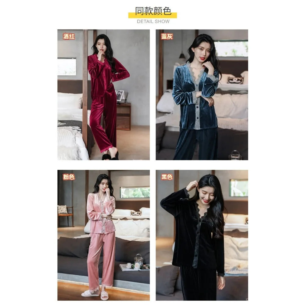 Pajamas gold velvet long sleeve lace cardigan set sexy home wear