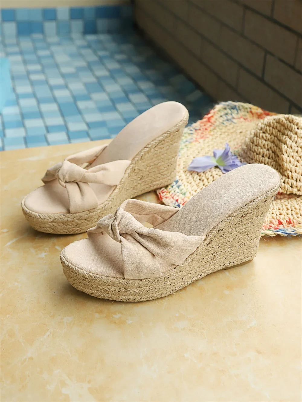 Summer Boho Bow Knot Espadrille Wedge Sandals for Women Open Toe Slip-On 10cm Platform Heel Casual Mules Slides Beach Shoes