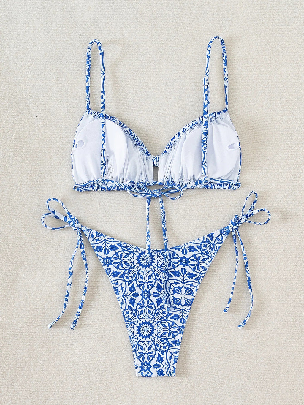 Sexy Floral Print Micro Bikinis Sets Two Pieces Blue Porcelain Swimwear Drawstring Swimsuit Women Biquini Thong Bathing Suits